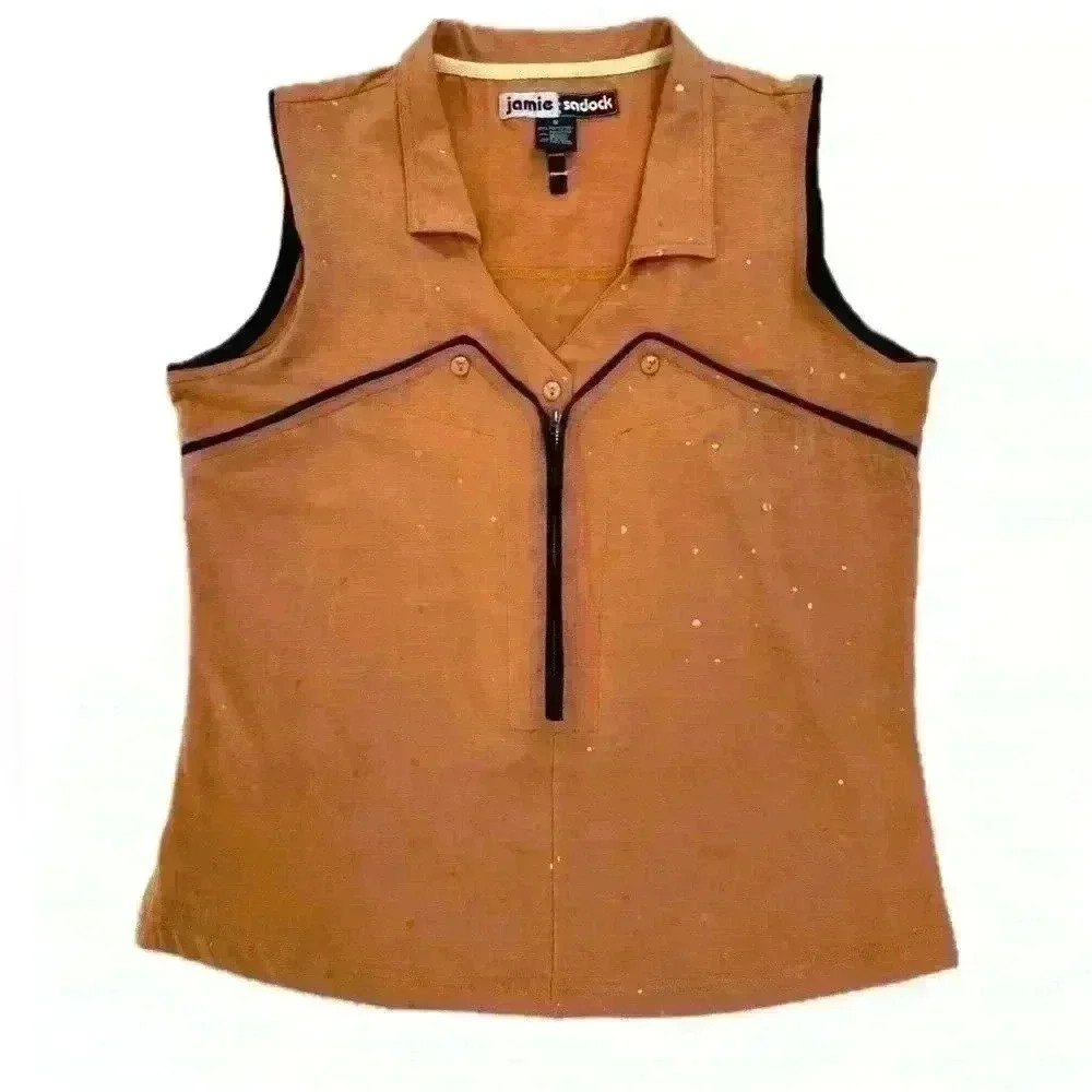 Jamie Sadock modern style‎ tank Orange w/ shimmery dots button and zipper detail